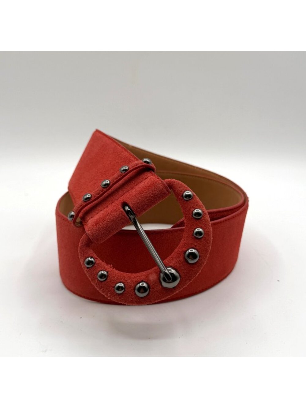 Vintage Oscar de la Renta Red Genuine Sueda Leather Studded Detail Belt Size M